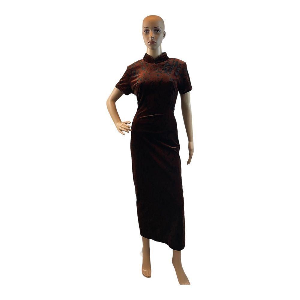 Mosaic Women’s size 10 Vintage Black Brown Velvet Chinese Style Maxi Dress